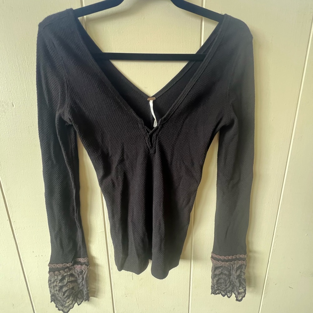 Free People Black Lace Trim V-Neck Top